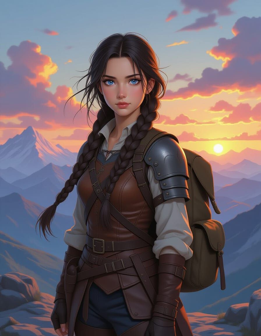 Anime Woman on Mountain Pass at Sunset