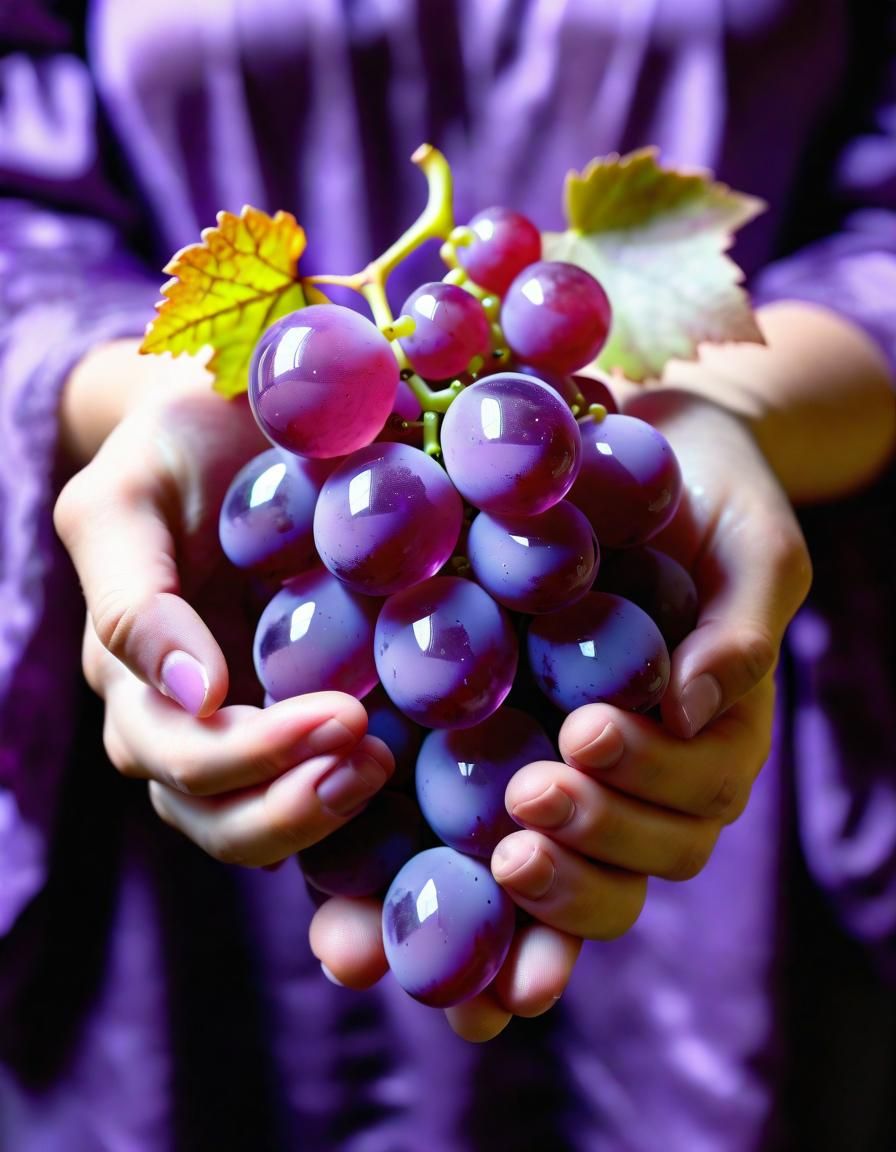 Magical Violet Glass Cluster Of Grapes Offered To Viewer
