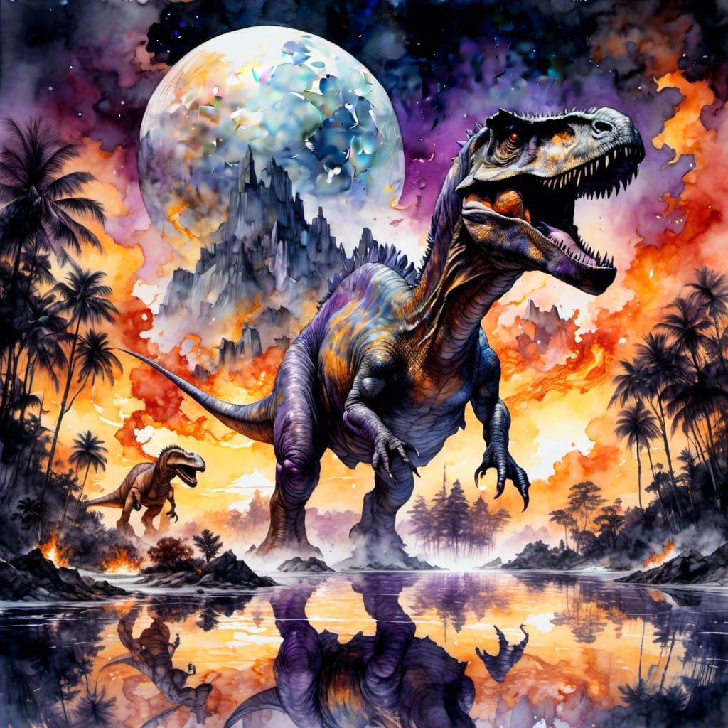 Dinosaurs Fleeing Asteroid Strike: Double Exposure Portrait