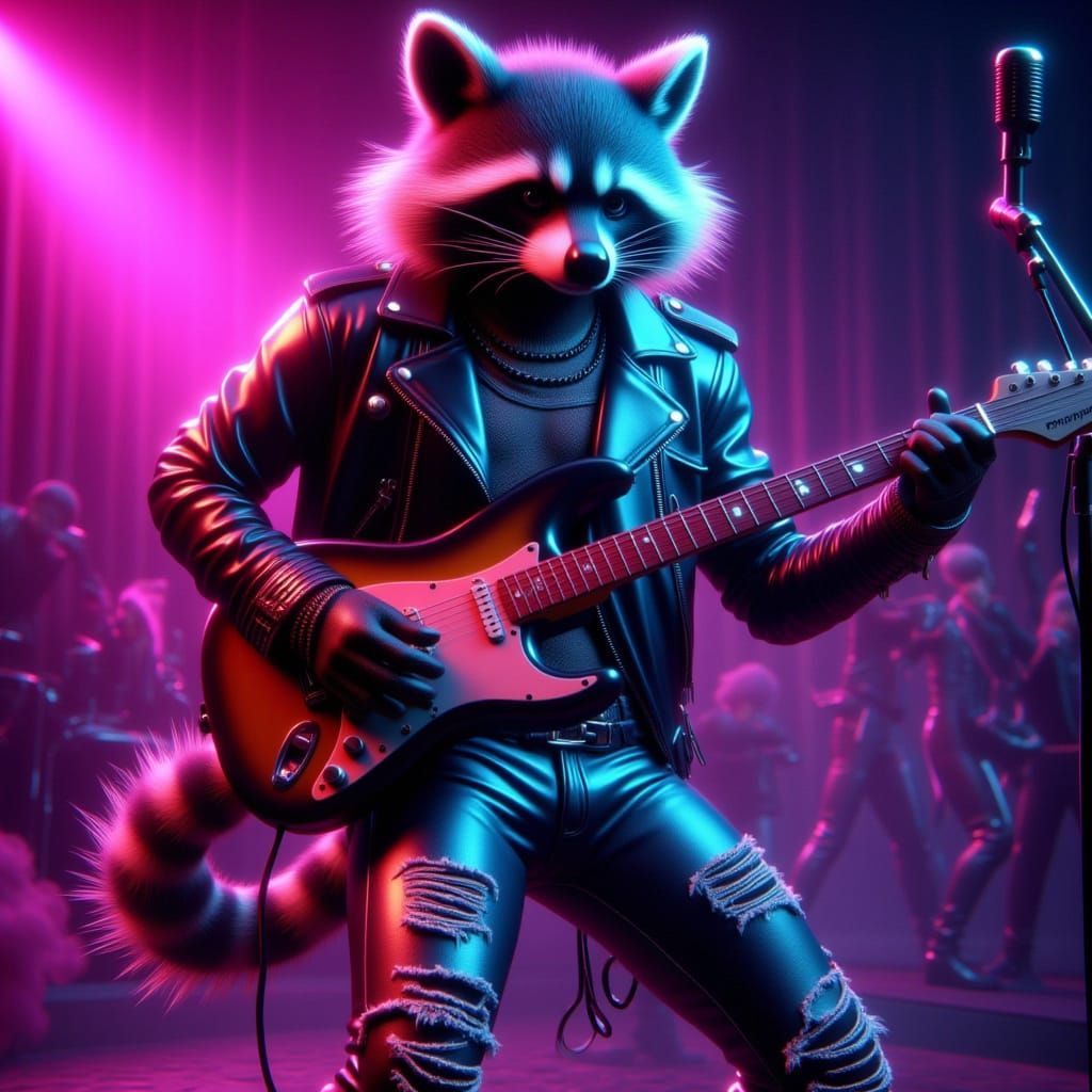 Punk Rock Raccoon Concert in Cyberpunk Style