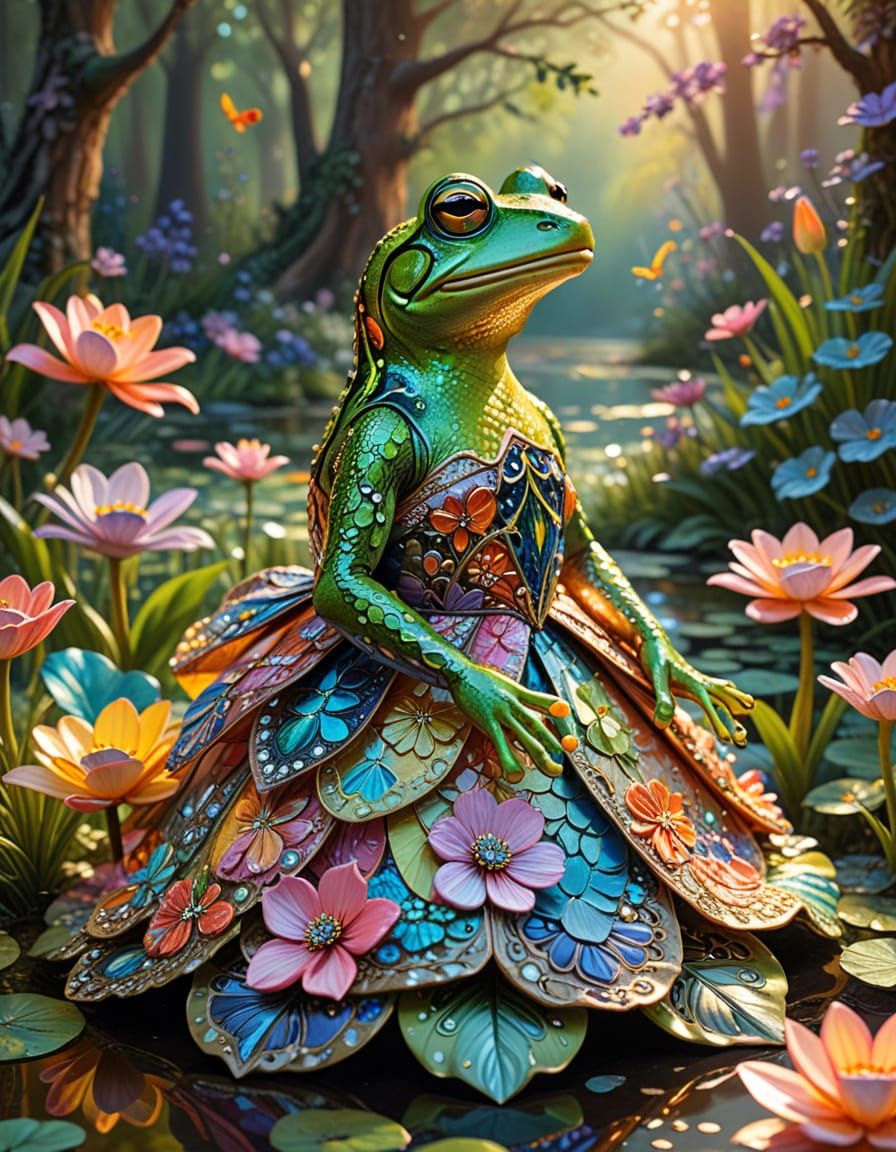 Whimsical Frog in Ornate Dress in Enchanted Glade
