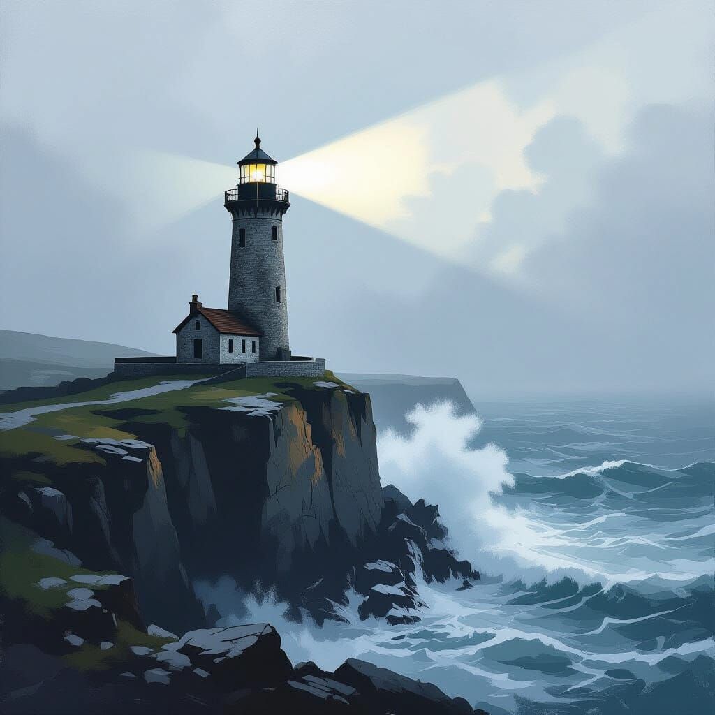 Weathered Lighthouse in Fog, Caravaggio Style