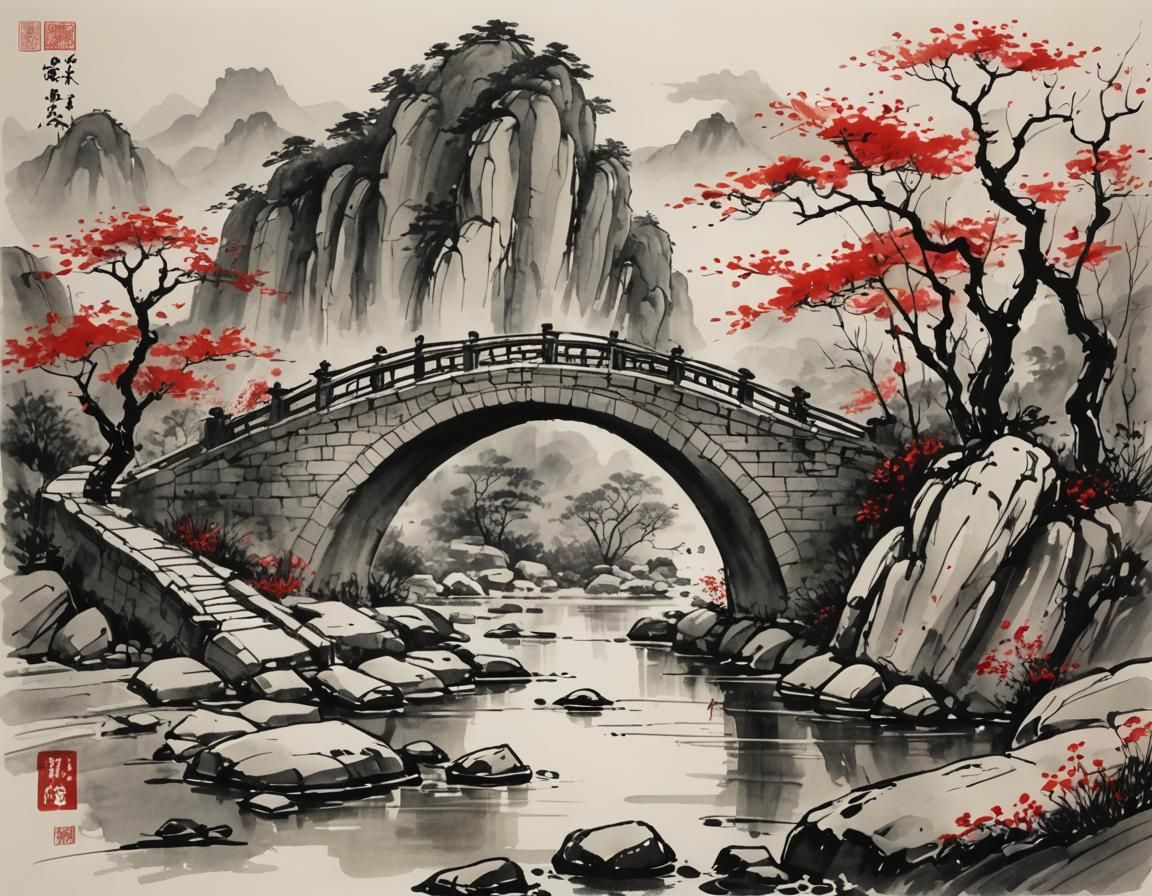 Ink Wash Painting of Curved Bridge Landscape
