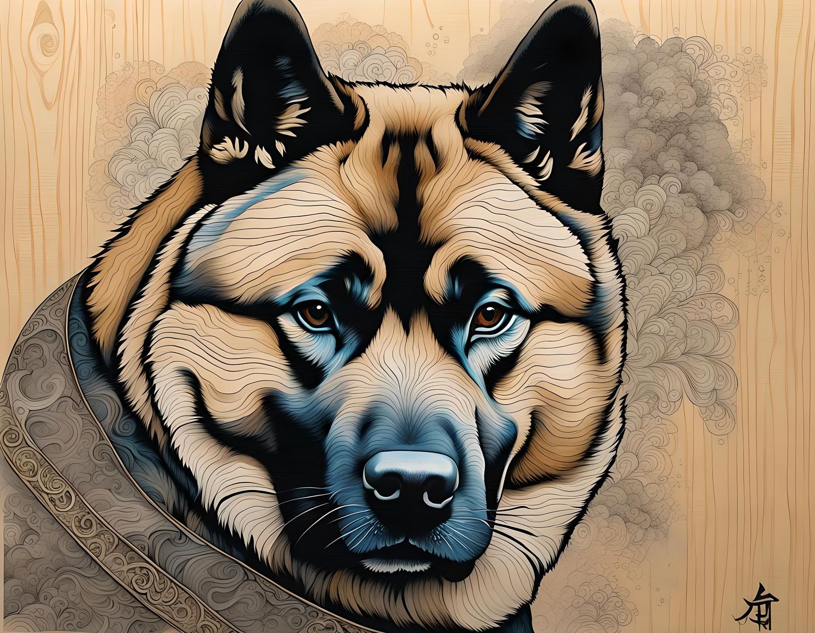 Akita in Japanese Abstract Charcoal Art