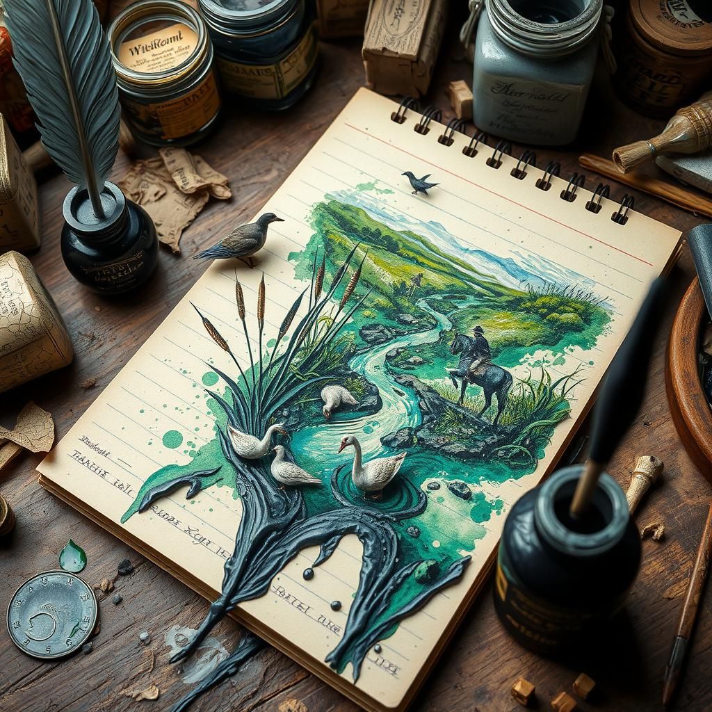 Impressionist Writer's Desk with Ink Waterscape