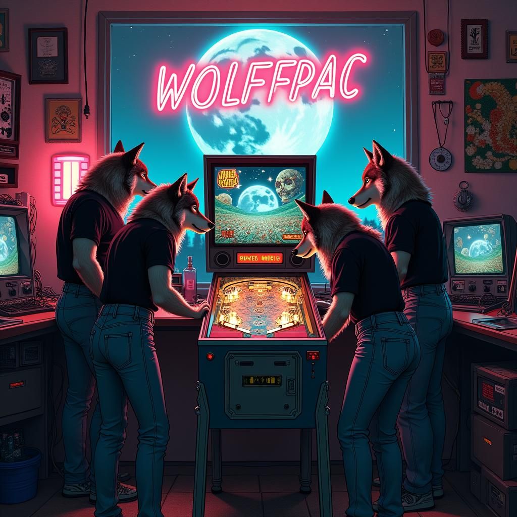 Wolves Playing Pinball in Cyberpunk Electronics Lab