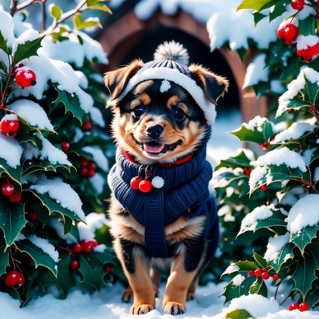 Adorable Winter Puppy in Snowy Garden