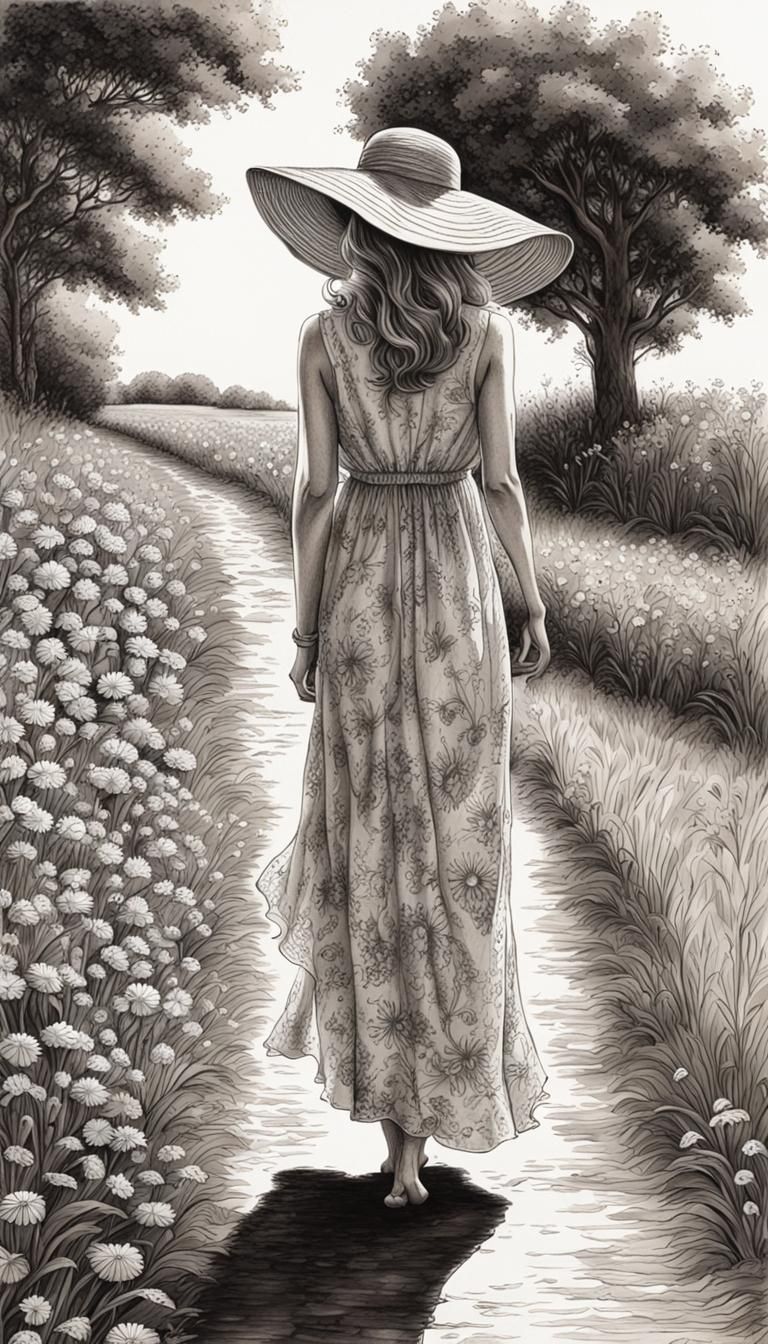 Elegant Woman in Sun Dress: Monochromatic Ink Drawing