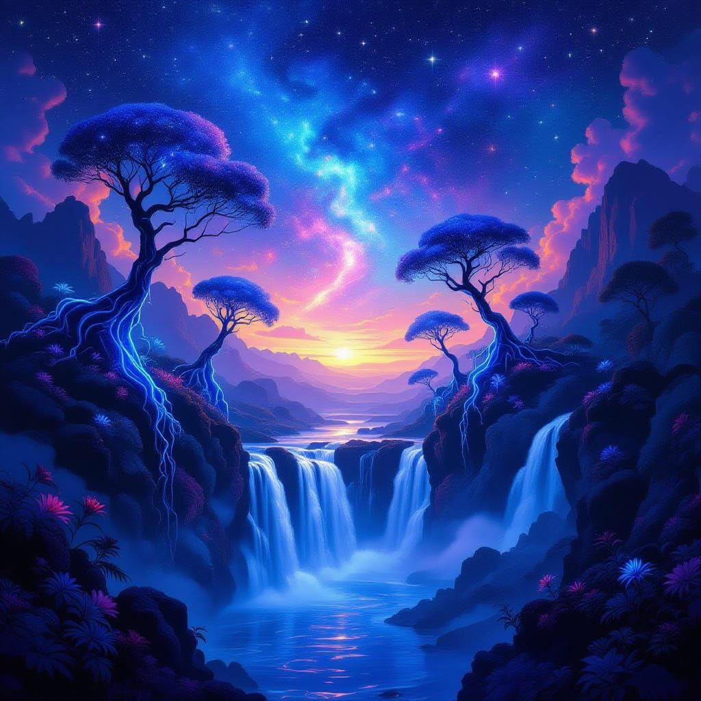 Cosmic Waterfall Landscape Painting in Surreal Style