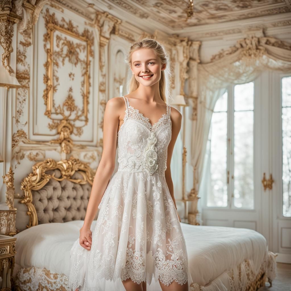 Glamour Portrait of Platinum Blonde in Ornate Bedroom