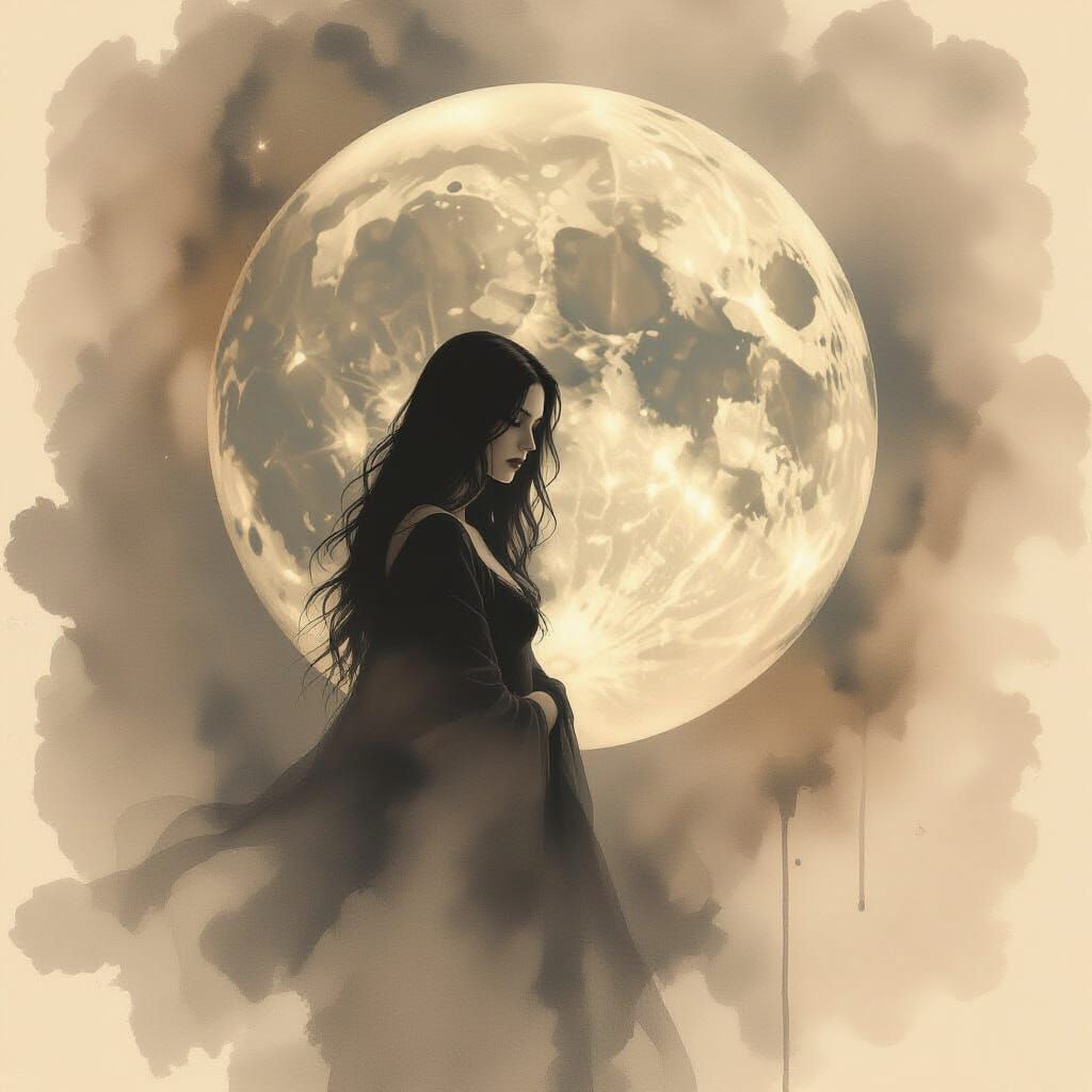 Woman Against Full Moon in Sepia Tones