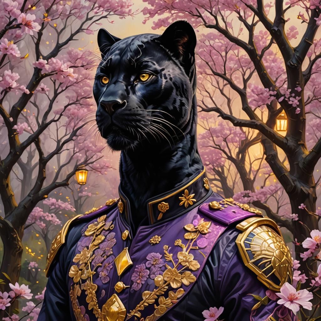 Panther General in Cherry Blossom Garden, Oil Painting