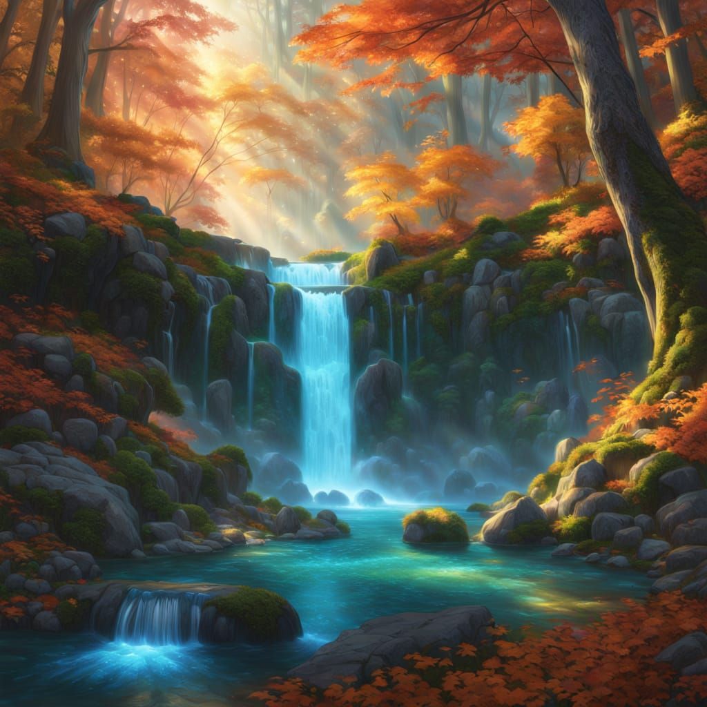 Enchanted Autumn Waterfall With Ethereal Spirits