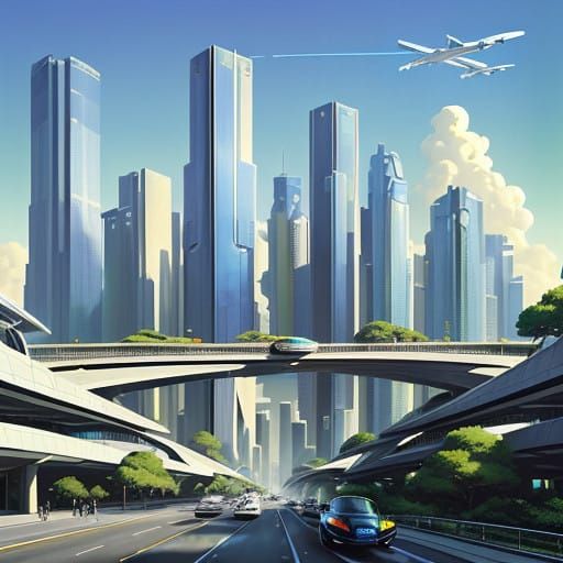 Sleek Futuristic Metropolis Unfolds Amidst Vibrant Blue Skie...