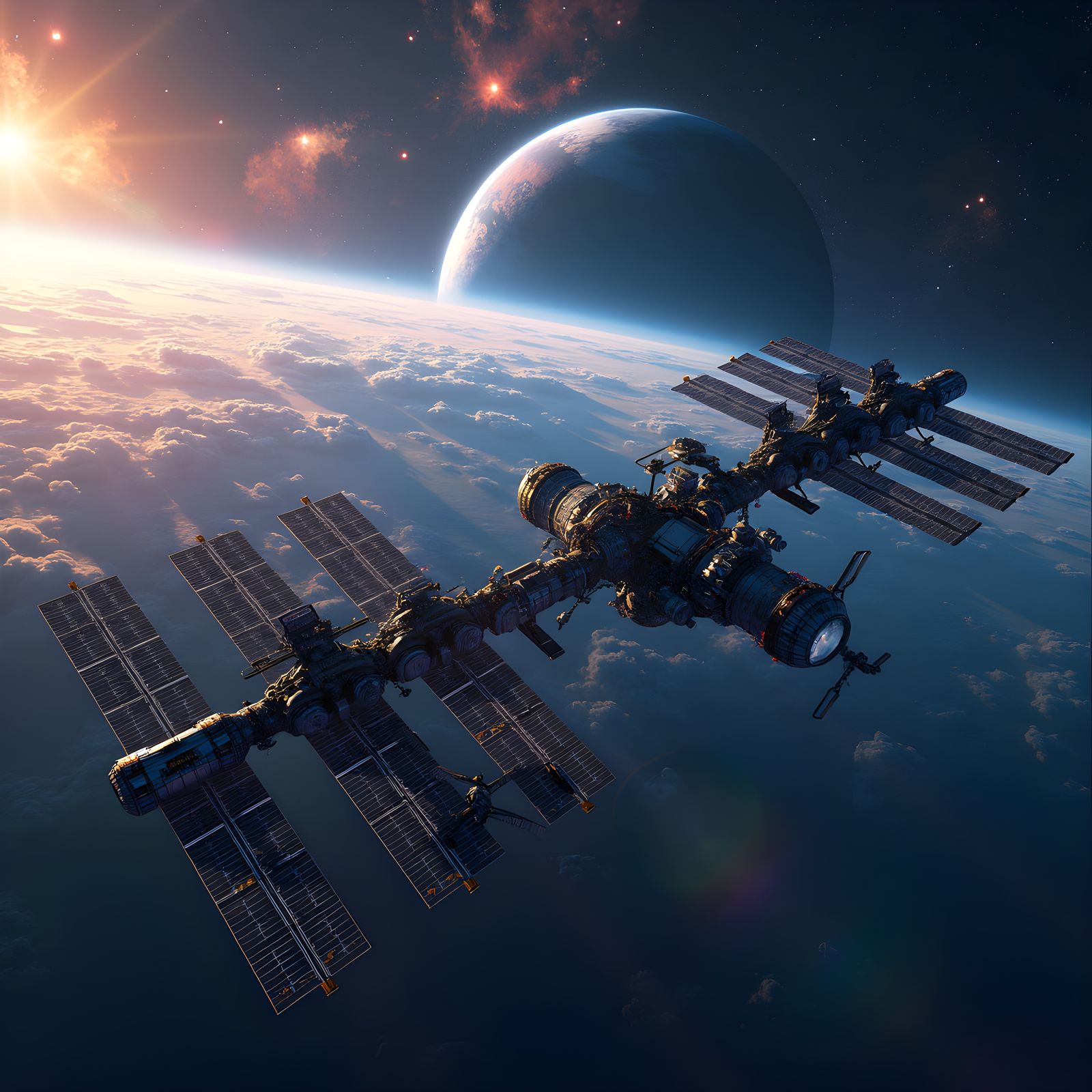 Space Station Orbiting Exoplanet in Cosmic Starry Cosmos