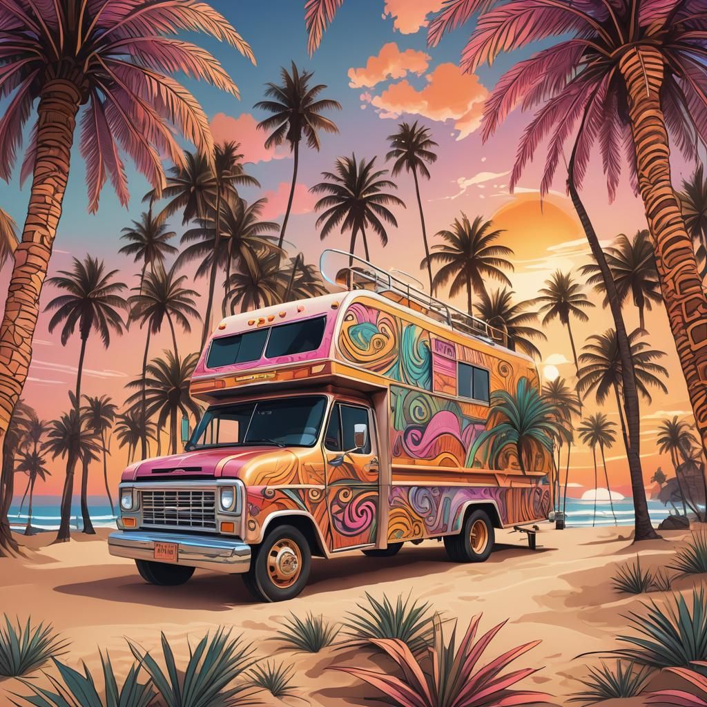 Burger Truck on California Beach with Psychedelic Fractals