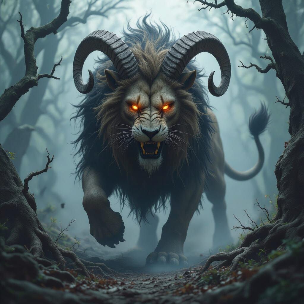 Chimera Prowls Dark Enchanted Forest: Digital Art