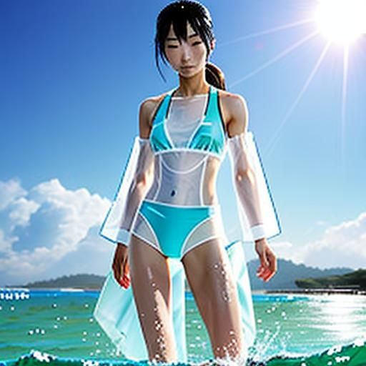 Japanese Girl on Beach with Transparent Clothes