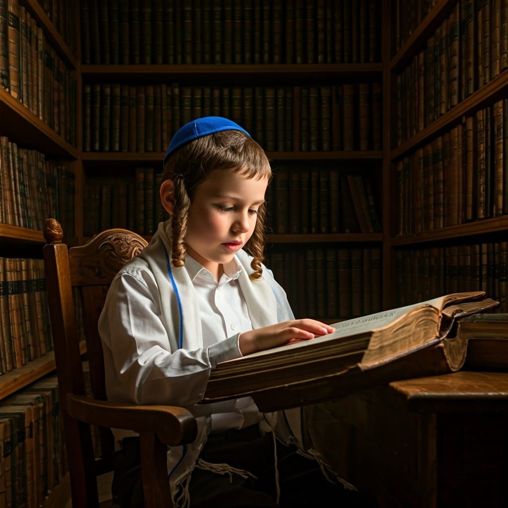 Boy Reading Sacred Text in Rembrandt Lighting