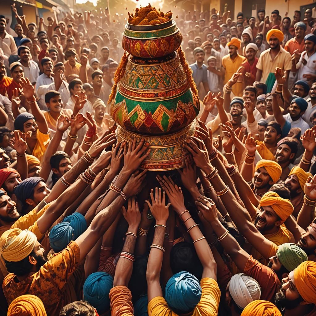Vibrant Dahi Handi Festival Art in Indian Folk Style