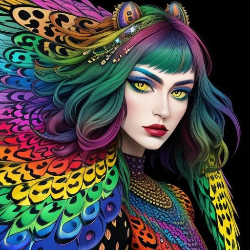 Rainbow Dragon Woman with Peacock Hair in Abstract Art