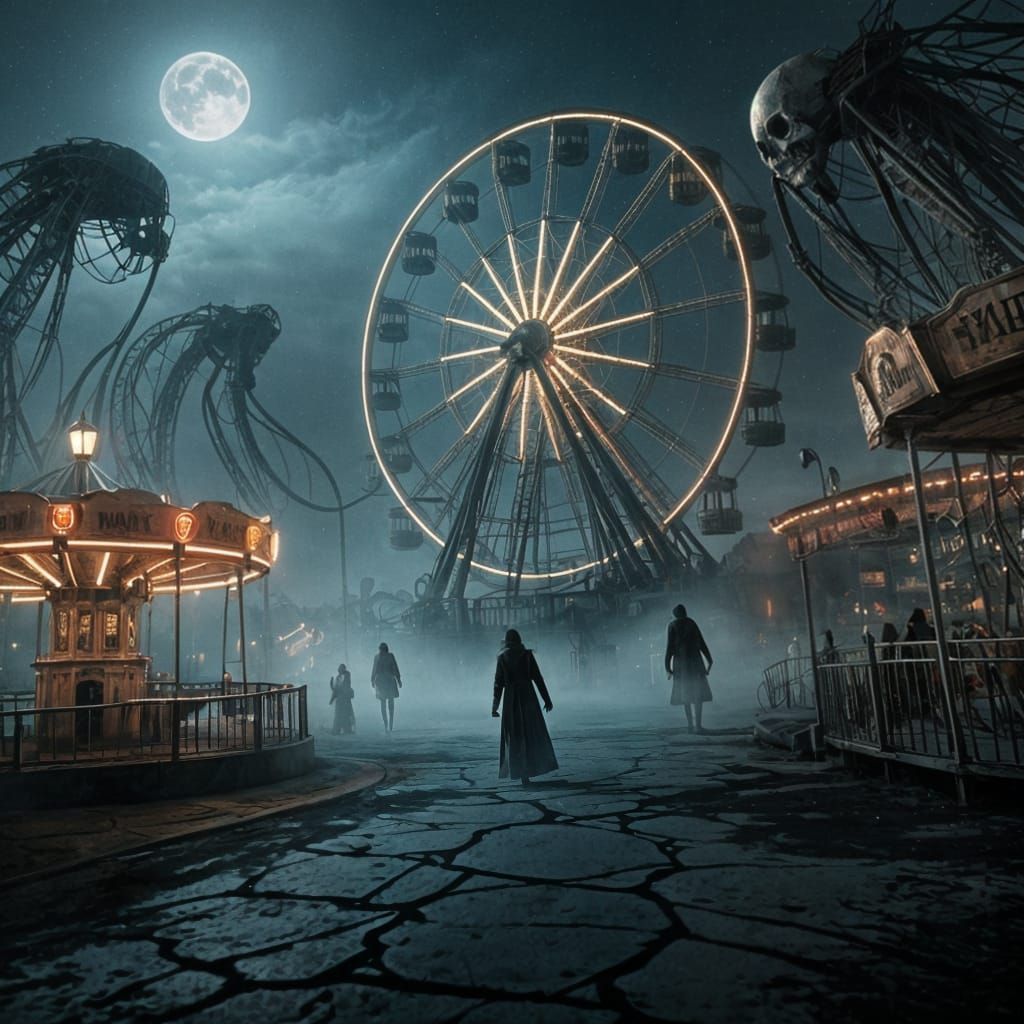 Haunting Surreal Amusement Park Under Full Moon