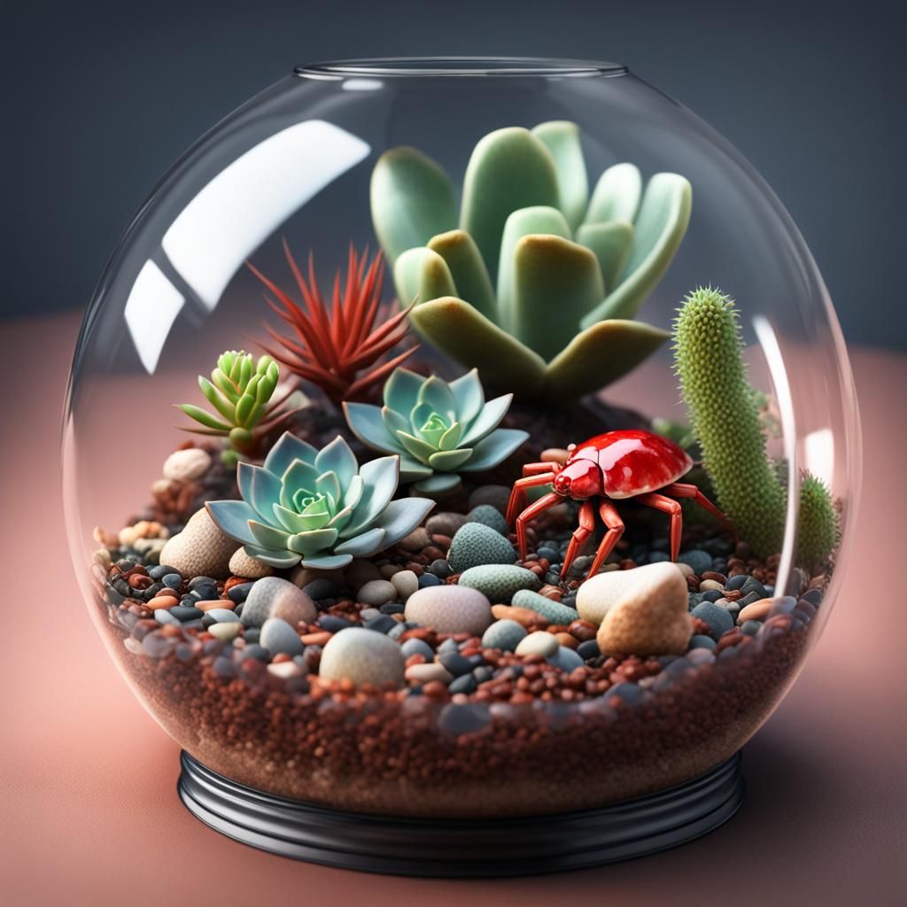 Detailed Succulent Terrarium with Hermit Crab