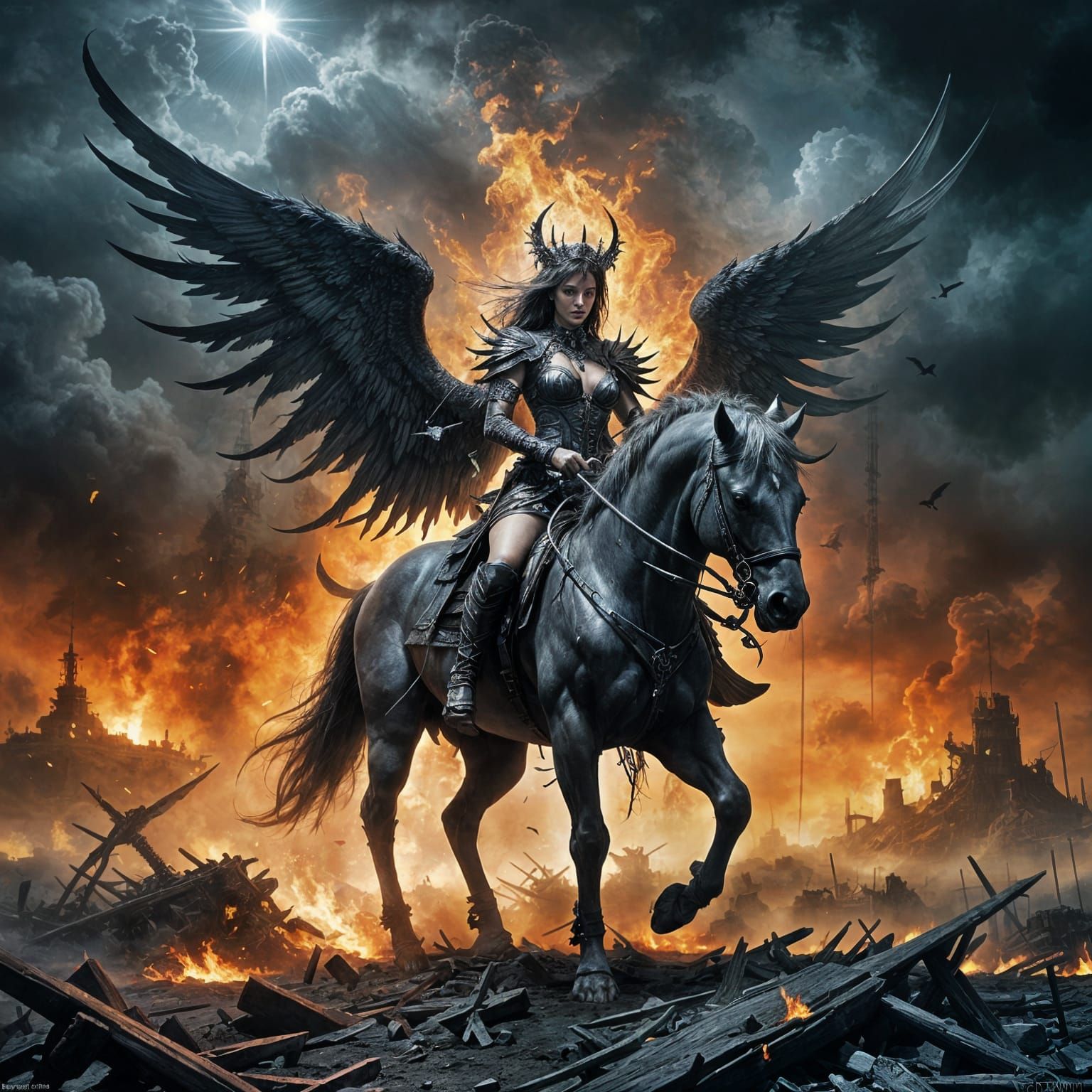 Skeletal Angel Collects Souls Above Apocalyptic Battlefield