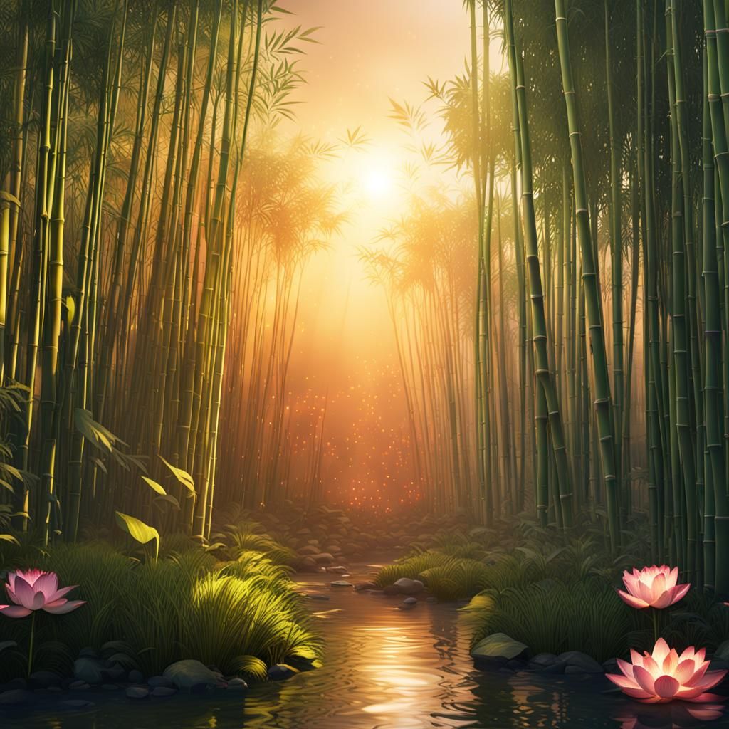Bamboo Forest Sunrise with Lotus Flower