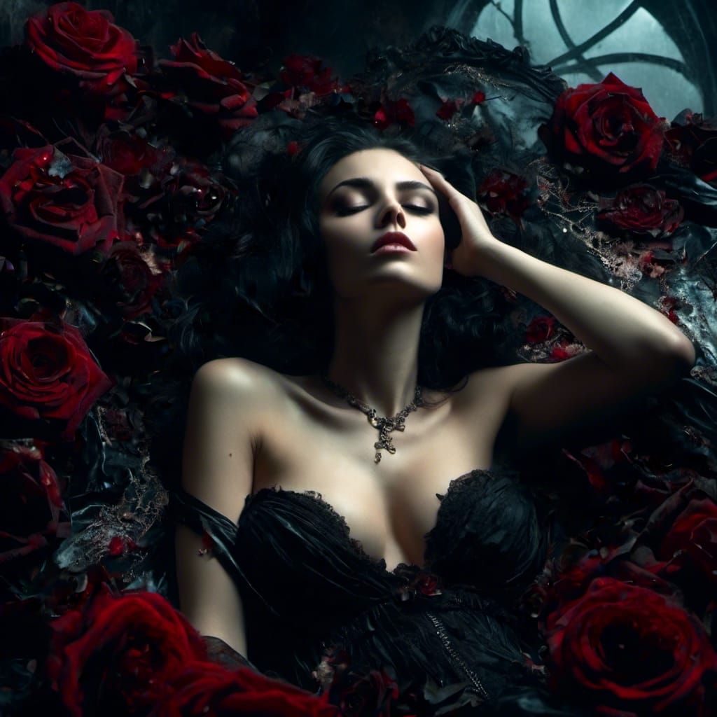 Gothic Italian Woman in Black Roses Oil Painting