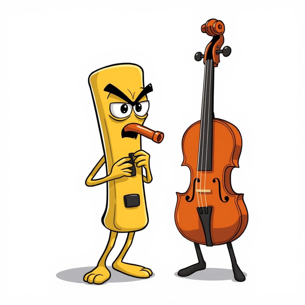 Cartoon Kazoo Character Glaring at Violin