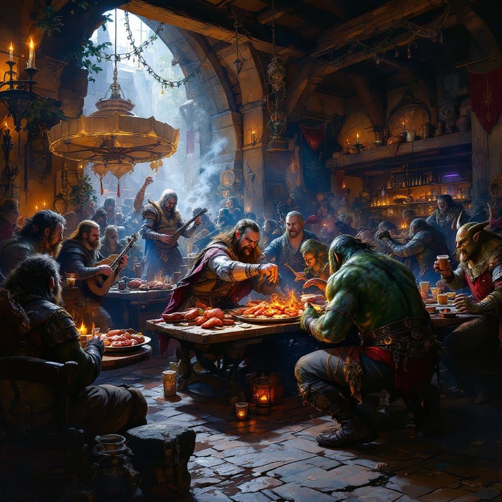 Medieval Tavern Scene with Adventurers and Orcs