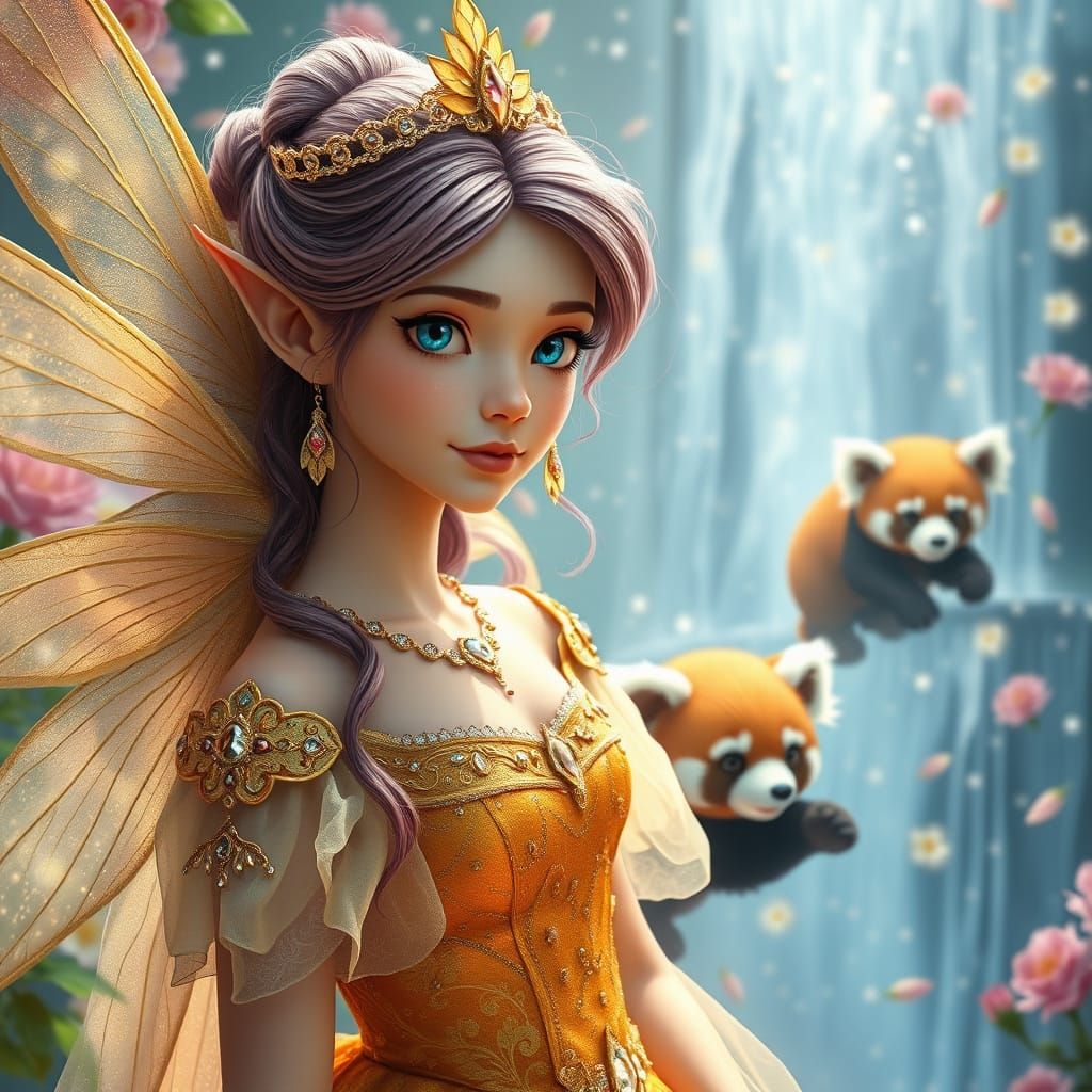 Golden Elven Princess in Porcelain-Inspired Ball Gown with I...