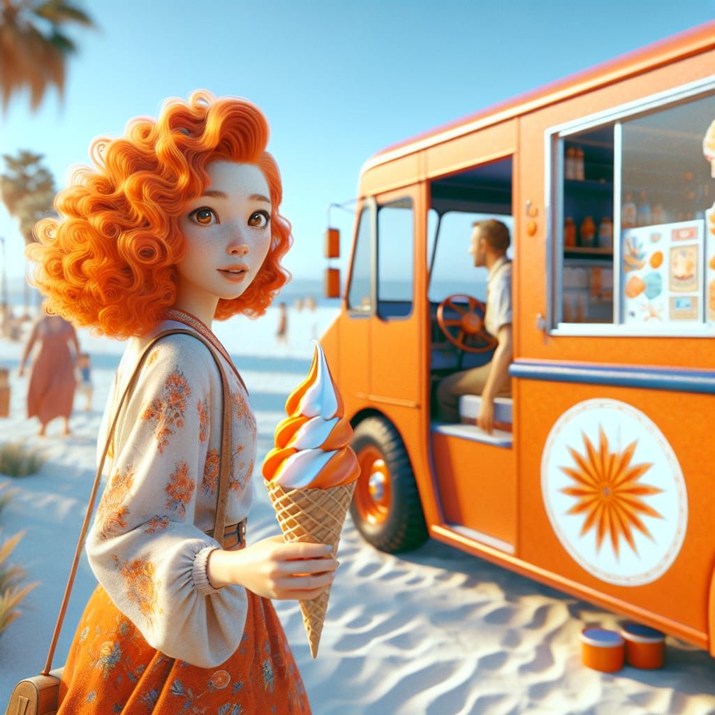 Woman with Ice Cream on Beach, Hyperrealistic 8K