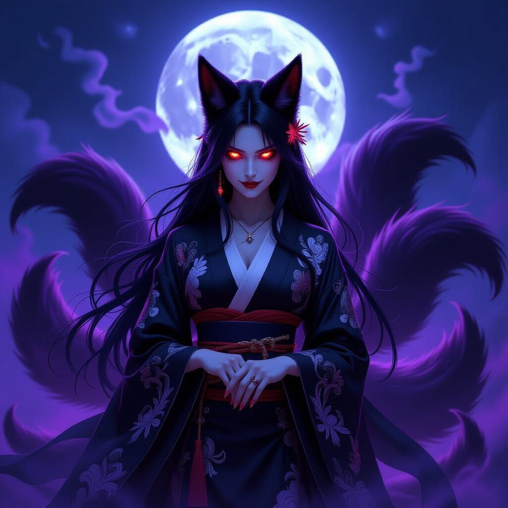 Sinister Kitsune Woman Under Dark Moonlit Sky