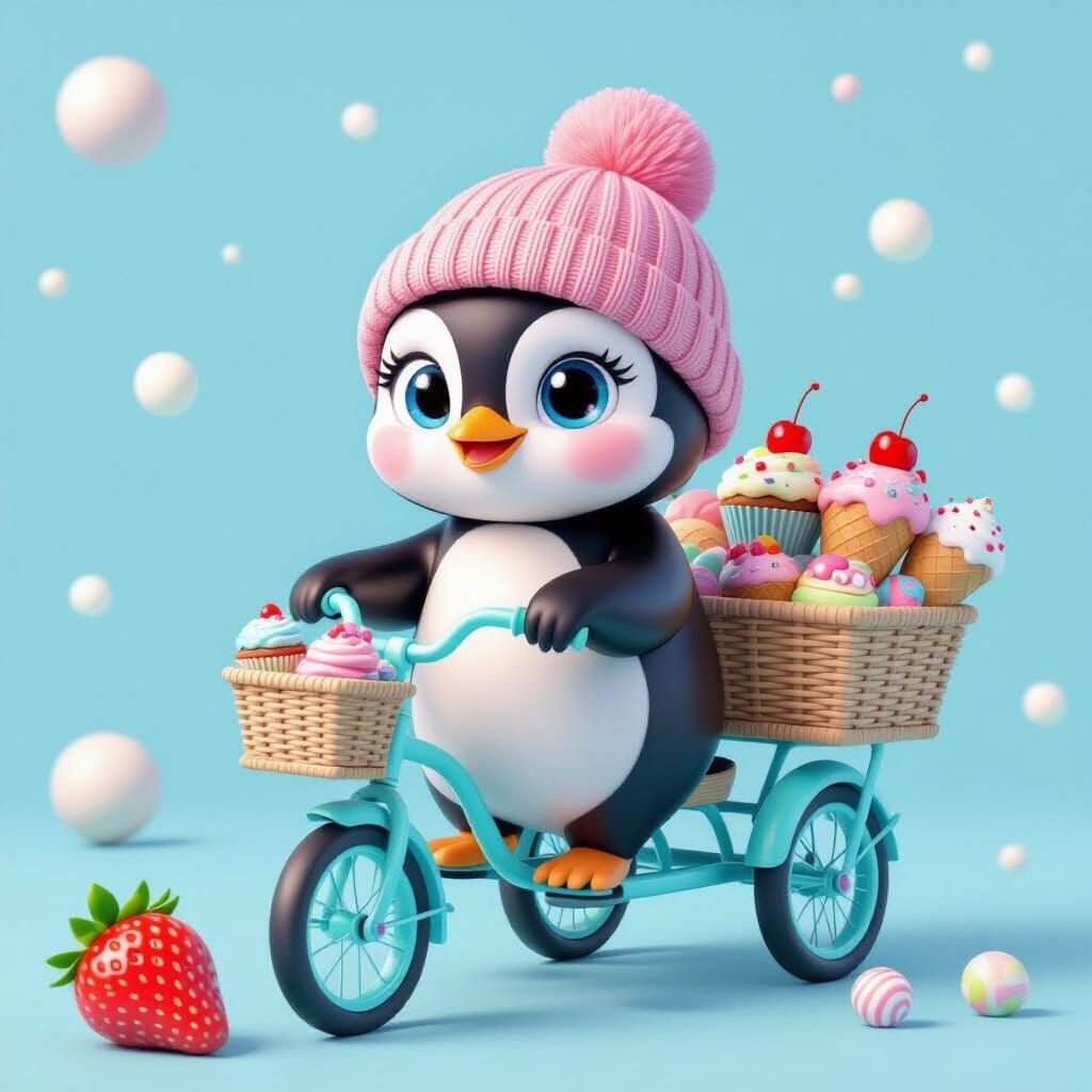 Cute Penguin Rides Tricycle with Sweets in Digital Art Style