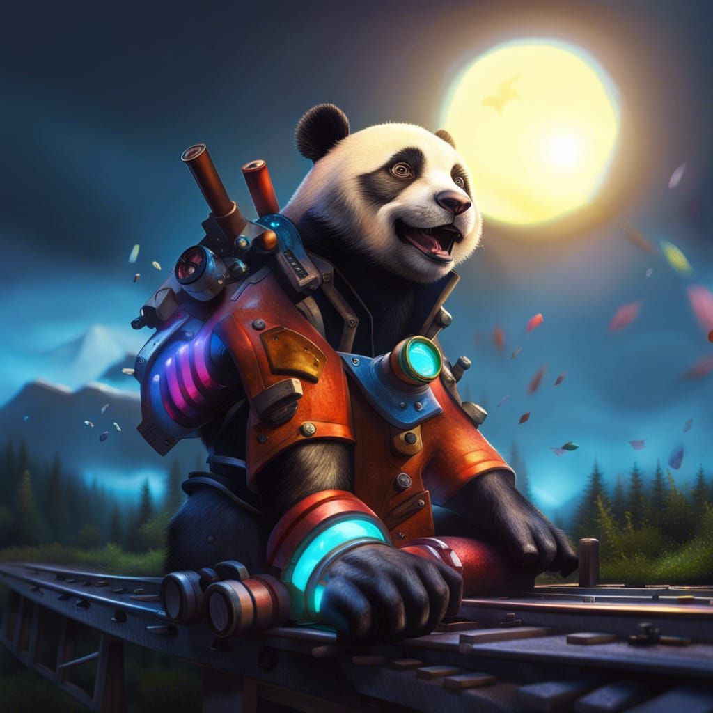 Panda Train Engineer in Hyperrealistic Splash Art