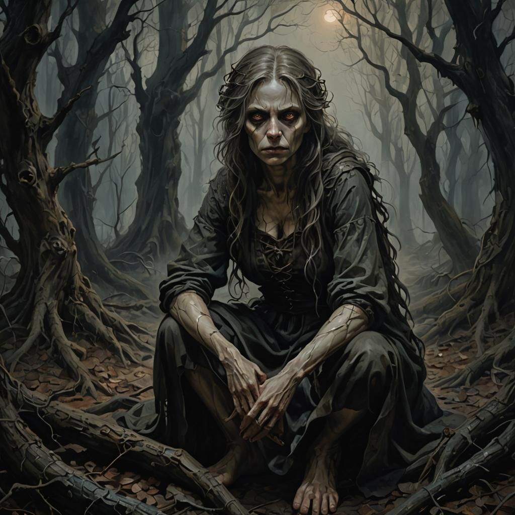 Eerie Beldame Crouching in Dark Forest Oil Painting