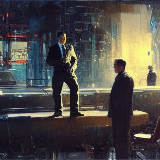 Noir Detective Questioning Witness, Oil Painting