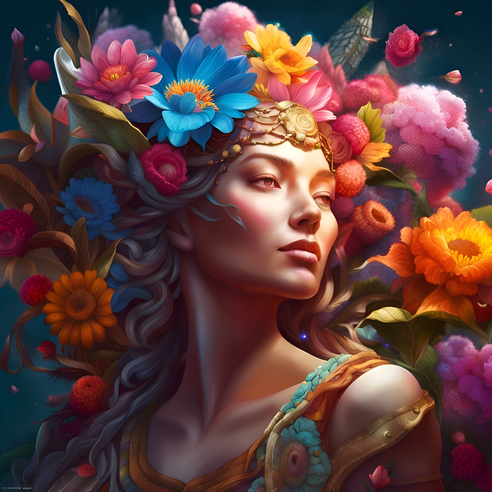 Hyperrealistic Flower Goddess with Magical Blooms