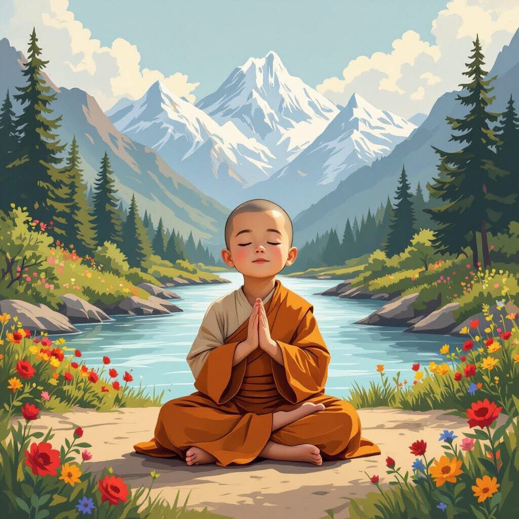 Meditating Monk with Himalayan Backdrop