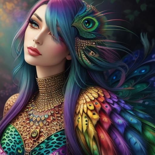 Rainbow Dragon Woman with Peacock Hair in Ethereal Style