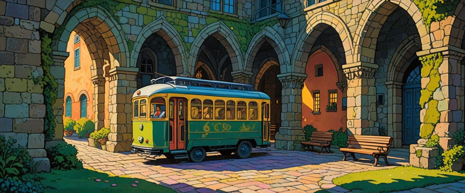 Trolly Car with Arches in Comic Book Style