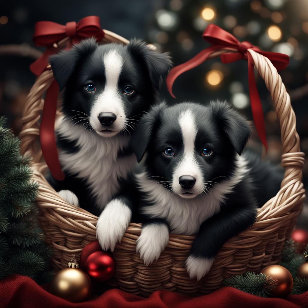 Christmas Border Collie Puppies: Detailed Matte Painting