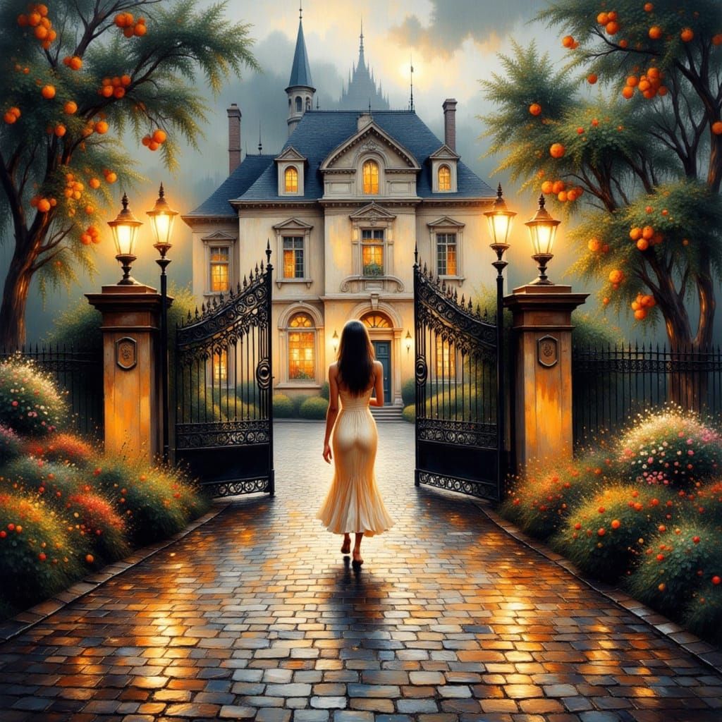 Serene Woman at Dusk: Impressionist Manor Scene