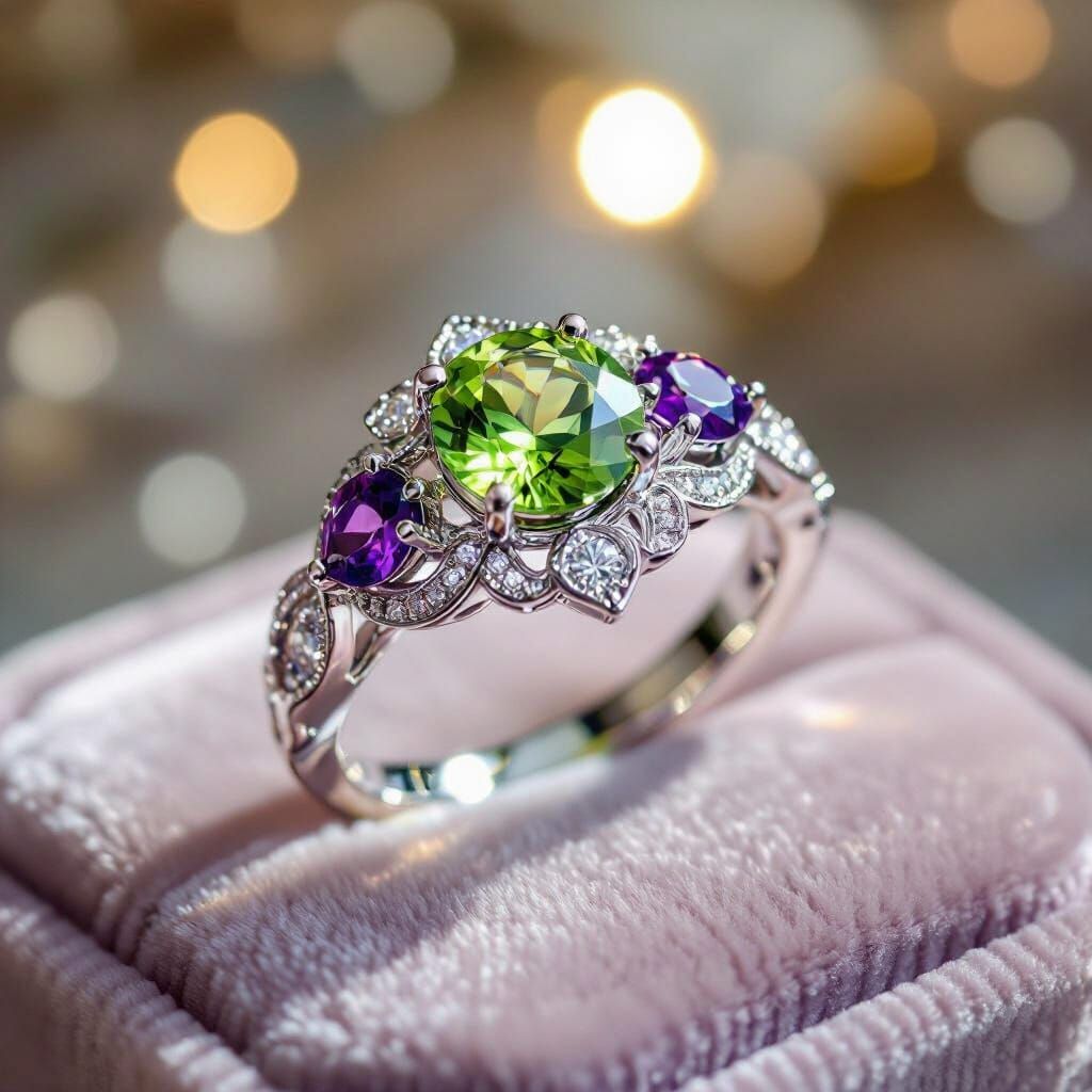 Unique White Gold Peridot Amethyst Floral Wedding Ring