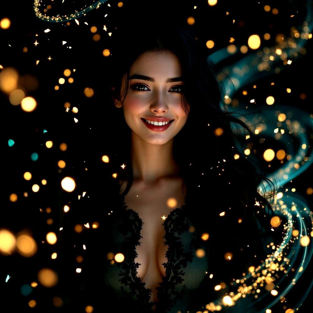 Woman in Green Dress Surrounded by Firefly Light Trails