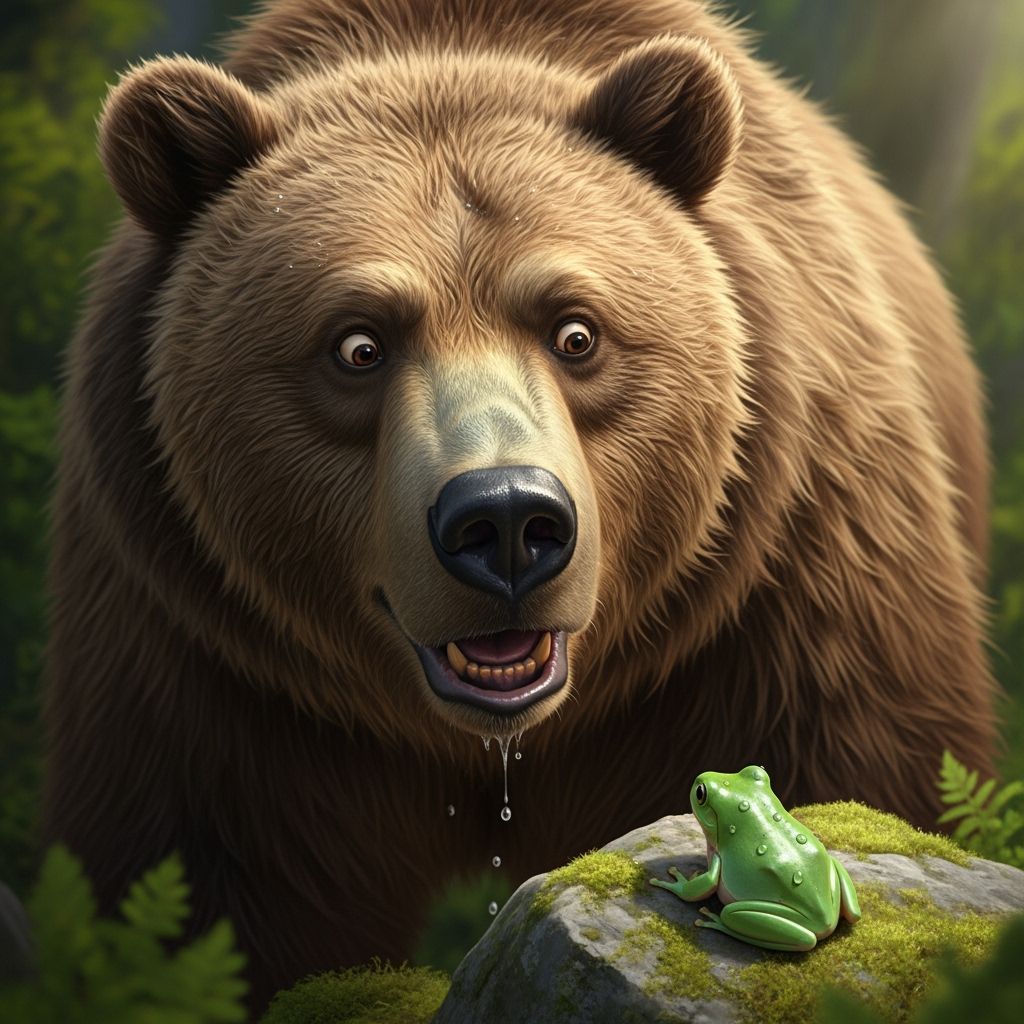 Massive Grizzly Bear Amazed by Tiny Tree Frog in Forest