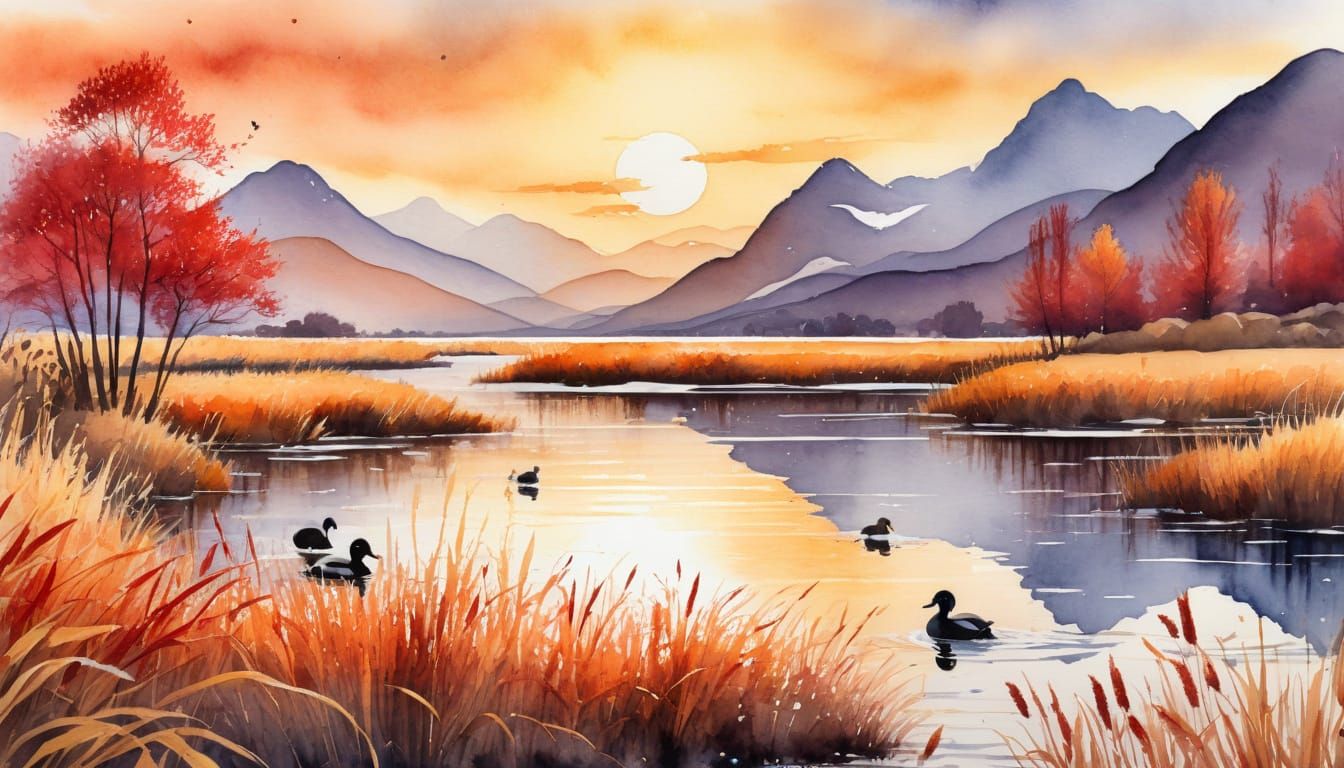 Watercolor Sunset Over Lake with Birds and Autumn Mountains