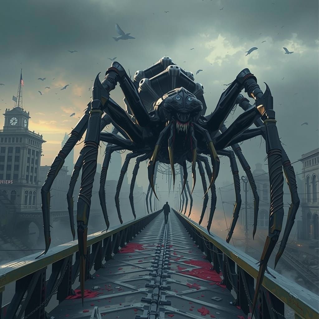 Cyberpunk Arachnid Monstrosity Devours City Bridge